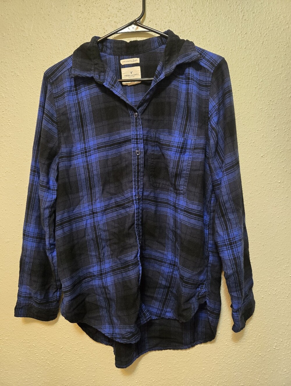 American Eagle Outfitters Blue and Black Boyfriend Fit Flannel Large